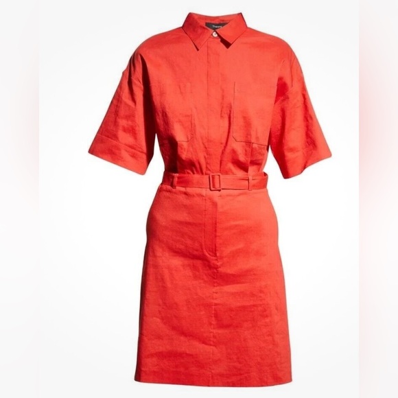 Theory Linen-Blend Eco Crunch Belted Casual Shirt Dress Poppy Red NWT Size 4